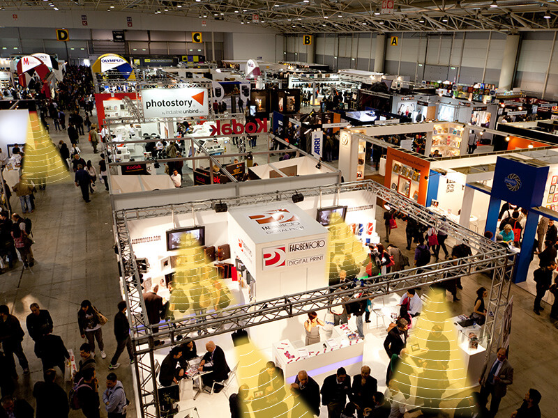 展覽展示定向喇叭，聲音分區示意圖