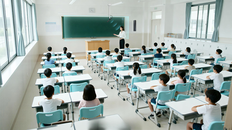 清聽(tīng)聲學(xué)教室無(wú)感拾音系統(tǒng)，場(chǎng)景示意圖