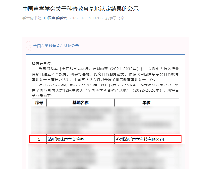 清聽聲學“清聽趣味聲學實驗室”成功認定“全國聲學科普教育基地”